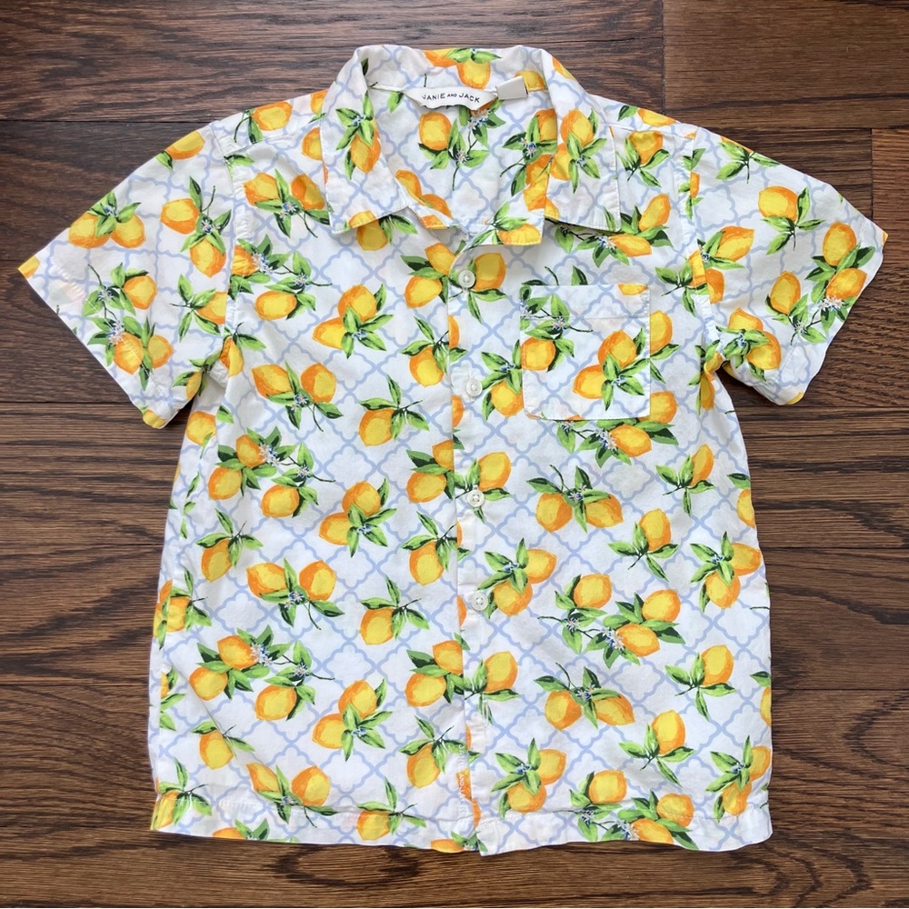 Janie & Jack Poplin Lemon Short Sleeve Button Down Shirt